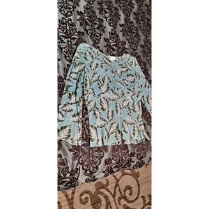 Ann Taylor LOFT 14 Blouse Shirt Blue Tropical Leaf Floral Empire Waist